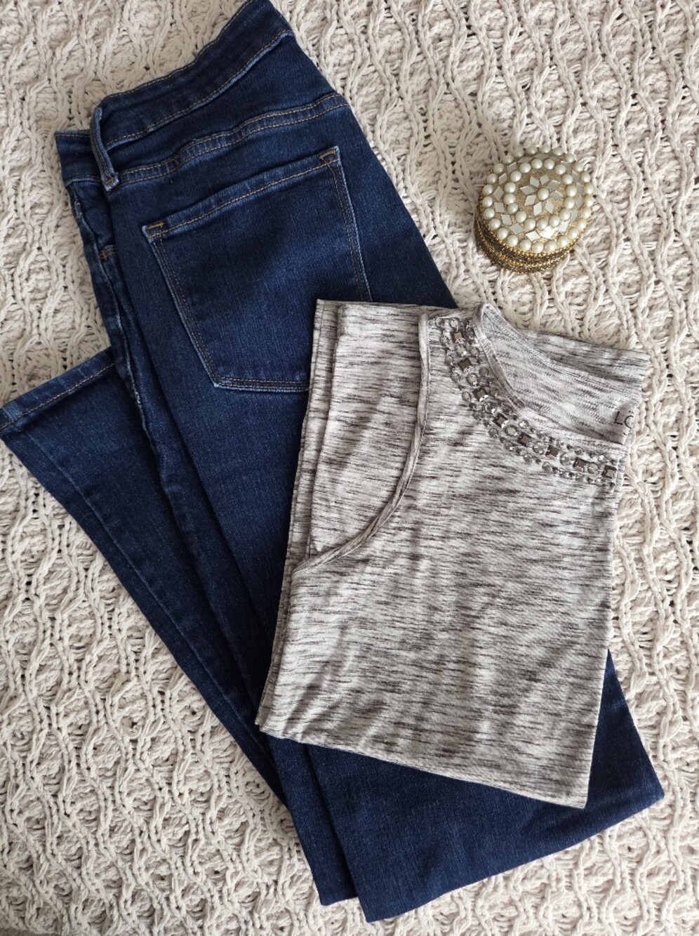 LOFT Gray Marled Tank with Embellished Neckline